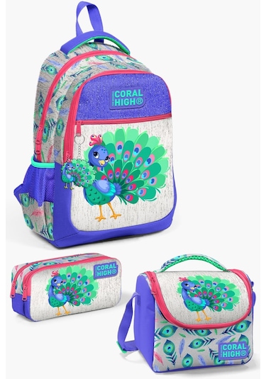 Coral High Kids Gümüş Lavanta Tavus Kuşu Desenli 3 Lü Okul Çanta Seti Set0123488