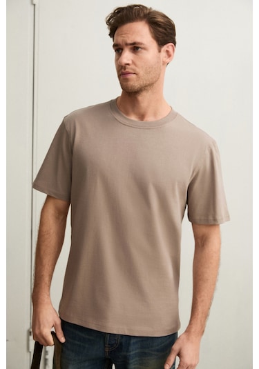 Grimelange Solo Erkek %100 Organik Pamuklu Kalın Dokulu Comfort Fit Bisiklet Yakalı Vizon T-shirt Vizon