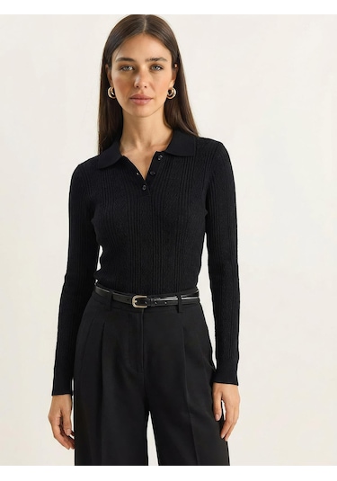 Shade Kadın Polo Yaka Patlı Regular Fit Triko Kazak 20258063 - Siyah