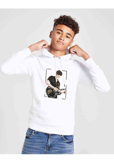 Shawn Mendes Gitar Baskılı Unisex Çocuk Kapüşonlu Beyaz Sweat Beyaz