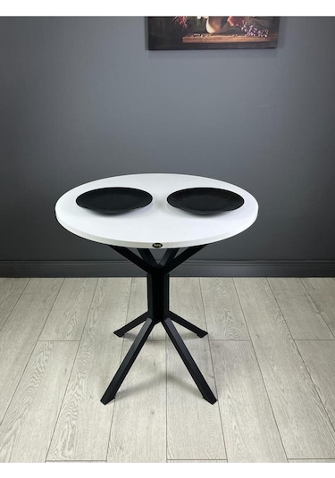 Nisa Beyaz Yuvarlak Mutfak Masası Yemek Masası Balkon Masası Metal Siyah Ayak 70 Cm