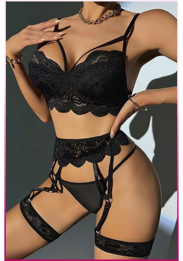 Kadın Siyah Dantel Detaylı Jartiyer Takım Çok Renkli