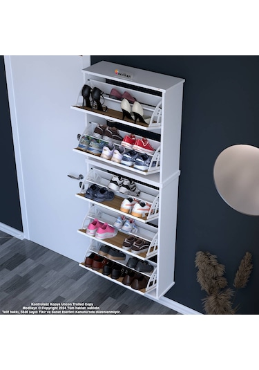 Modilayn Varbi Umay' 2 Li Asma Antre 72x181x25, 5 Cm Lik 5 Düşer Kapak 10 Göz Bölme Ayakkabılık Beyaz - Ceviz