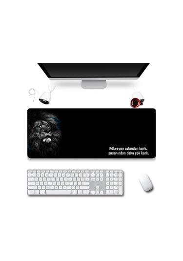 Sonictouch Kork Aslandan Gamer Oyuncu Dikişsiz Sıvı Geçirmez Siyah Klavye Mouse Pad 32x70cm Mousepad