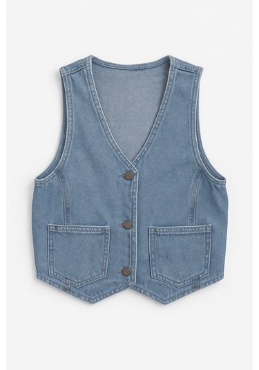 Kadın Cepli %100 Pamuk Açık Mavi Jean Yelek Mavi