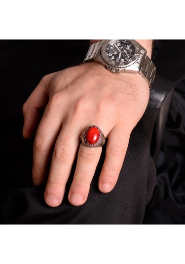 Gerçek Doğal Koral Taş Yüzük, 925 Ayar Gümüş Yüzük, Oval Kırmızı Koral Yüzük Gümüş