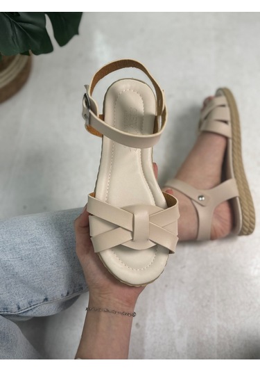Günlük Kadın Sandalet Ayarlanabilir Bilek Tokalı Yumuşak Rahat Alçak Tabanlı Esnek Ayakkabı 407 Bej