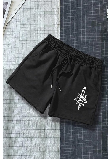 Tasarım Baskılı Pamuk Penye Short Siyah