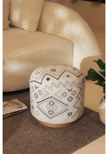 Bliss Gri Etnik Desenli Krem Puf 45 X H 42 Cm 4280 Gri