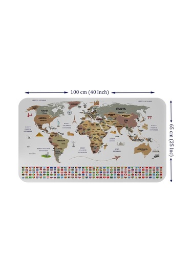 Türkçe Ülke Bayrak Lı Eğitici Başkent Detaylı Atlası Dünya Haritası Duvar Sticker -60x105-3862 - Renkli Çok Renkli