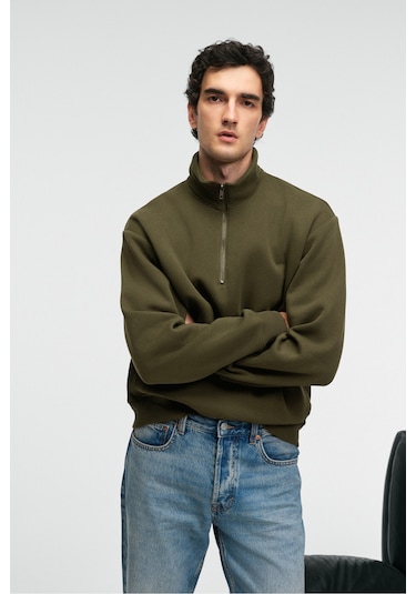 Grimelange Baxter Erkek Dik Yakalı Fermuarlı Relaxed Koyu Haki Sweatshirt Koyu Haki