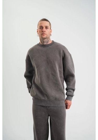 Unisex Uzun Kol Bisiklet Yaka Yıkamalı Sweatshirt - Füme Füme