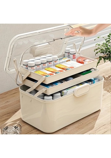 Xuweiwei 1 Adet Beyaz 3 Katlı Taşınabilir İlaç Organizer Kutusu Elle Tutma Kolu Çoklu Bölümlü Plastik Kapaklı Ev Tıbbi Depolama Kutusu Altın