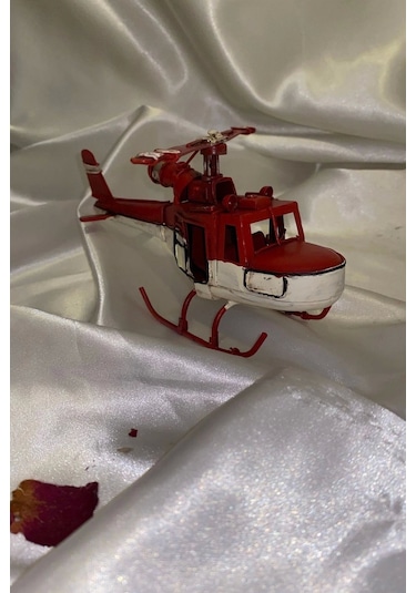 Metal Helikopter Dekoratif Maket El Yapımı Oyuncak Kırmızı Beyaz