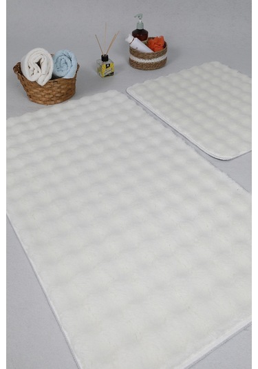 Modern Bubble Yıkanabilir Kaymaz Peluş Banyo Paspası Halısı 2'li Klozet Takımı 50x80-50x40cm Krem