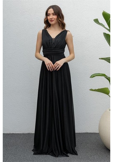 Neşeli Butik Kadın Siyah Drapeli Tül Abiye Elbise Nb2030 Siyah