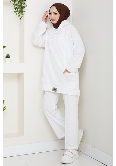 Çift Cepli Kapüşonlu İkili Takım 1663 - Beyaz Beyaz