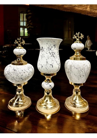 3'lü Dekoratif Prestij Dekoratif Vazo Set - Gold Beyaz Gold Beyaz