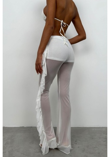 Modasize Katlı Transparan Pantolon Beyaz