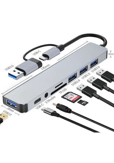 Apera MT96 OTG Kablolu Çoklayıcı Type-C USB Girişli 8in1 Adaptör Hub Çoğaltıcı Kart Okuyucu Aux