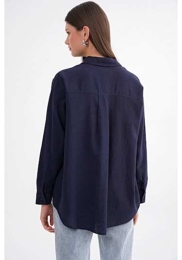 Mixray 4670 Kadın Cepli Oversize Basic Keten Gömlek Lacivert