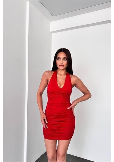 Dip Moda Kadın Boyundan Bağlama Detaylı Mini Elbise Dpnbdf033 Kırmızı