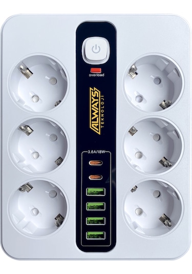 Akım Korumalı 6'lı Grup Priz 4 Usb'li Ve 2 Type-c Li 6'lı Grup Priz 2 M Kablo Çocuk Korumalı 2 M