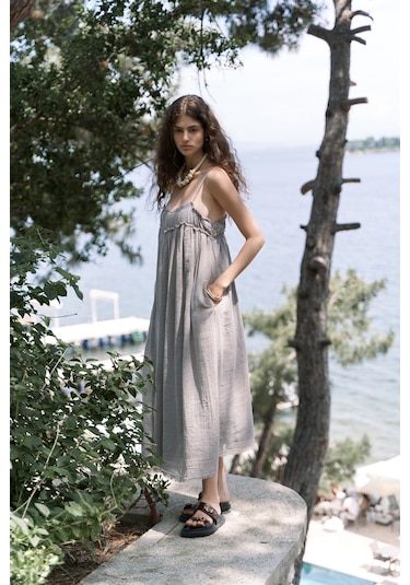 Mai Collection Mai Studios Co. Torrora Uzun Vizon Keten Elbise Vizon