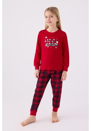 Arnetta 3105 Noel Let İt Snow Kız Çocuk Kırmızı Uzun Kol Pijama Takım Kırmızı