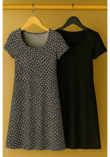 2 Adet Dökümlü Rahat Kalıp Günlük Penye Kumaş Elbise Siyah - Antrasit