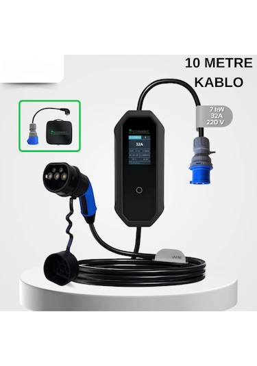 7 KW 32A Türkçe Menü 10 M Elektrikli Araç Şarj İstasyonu Taşınabilir