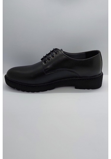 %100 El İşçiliği Rahat Taban Bağcıklı Siyah İmalat Deri Ayakkabı Siyah