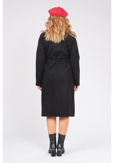 Giyim Dünyası Kadın Astarsız Kuşaklı Kaşe Kaban Siyah 001