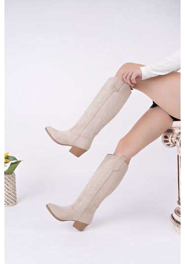 Muggo Texas Sivri Burun Nakışlı Kalın Topuklu Kadın Kovboy Western Çizme Bej Süet