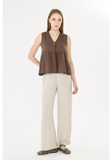 Sortie Collection V Yaka Tek Düğmeli Peplum Kahverengi Keten Bluz