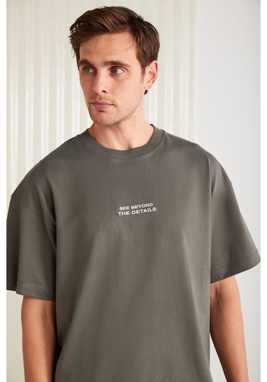 Grimelange Vıto Erkek %100 Organik Pamuklu Nakış Yazı Detaylı Oversize Bol Kesim Kısa Kollu Gri T-shirt