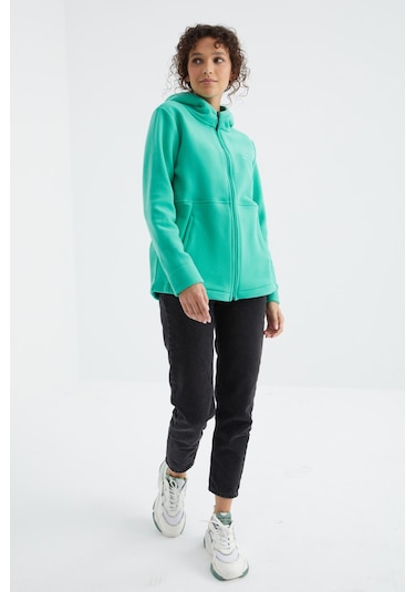 Tommy Life Deniz Yeşili Kapüşonlu Fermuarlı Rahat Form Kadın Polar Sweatshirt - 97233 Yeşil