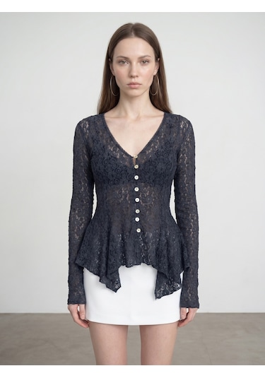 Dilvin 60433 Düğmeli Peplum Dantel Hırka-indigo İndigo