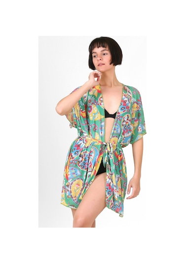 Pareo Plaj Elbisesi Kimono Std Yazlık Oversize Tül Gömlek Kemerli Elbise Şal Desen Yeşil
