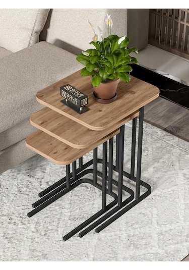 Zigon Sehpa Metal Ayak 3'lü Koltuk Yan Sehpa Zino Atlantik Çam Kahverengi