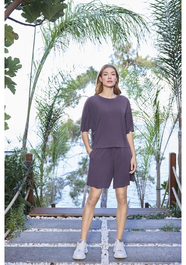 Monamise Kadın Kısa Kollu Bisiklet Yaka Alt Üst Takım 25080 Mor