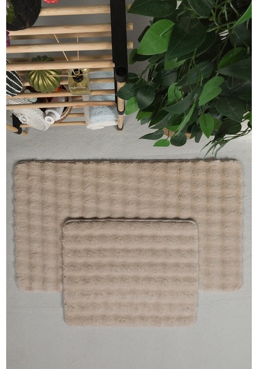 Modern Bubble Yıkanabilir Kaymaz Peluş Banyo Paspası Halısı 2'li Klozet Takımı 50x80-50x40cm Açık Bej