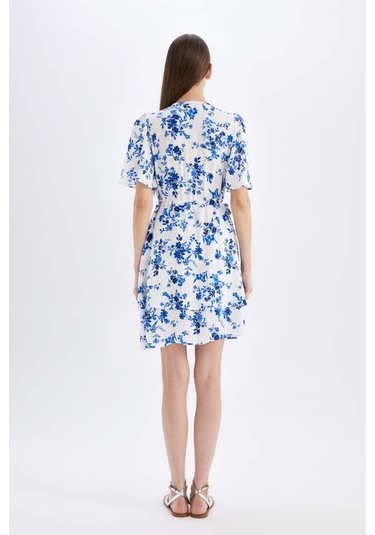 DeFacto Wrap Yaka Çiçek Desenli Maroken Yarım Kollu Mini Elbise C7223AX24SMBE303