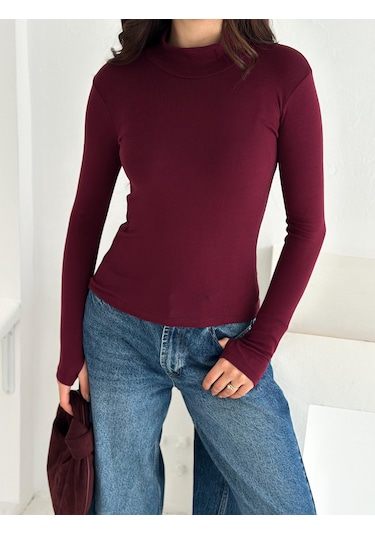Kadın Yarım Balıkçı Yaka Parmak Geçmeli Full Likralı Buzz Body Bordo