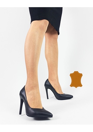 Hakiki Deri Siyah İnce Yüksek Topuk Kadın Stiletto Siyah