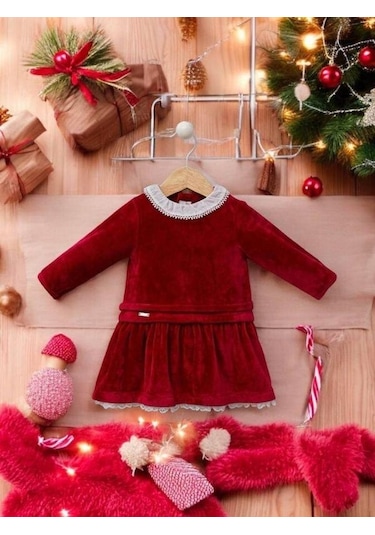Cantoy Kız Bebek Kırmızı Kadife Tasarım Elbise-15216 Kırmızı