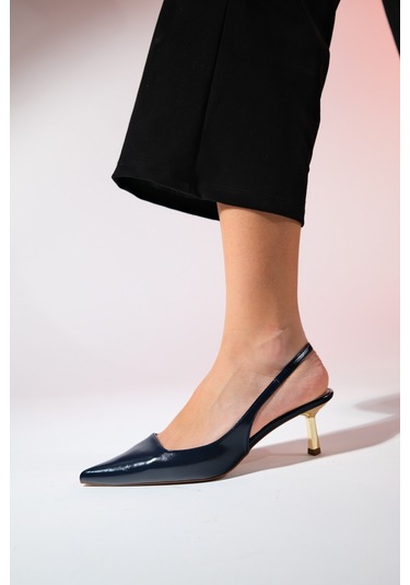 Luvishoes Marten Laci Cilt Kadın Sivri Burun Arkası Açık İnce Topuklu Ayakkabı Lacivert