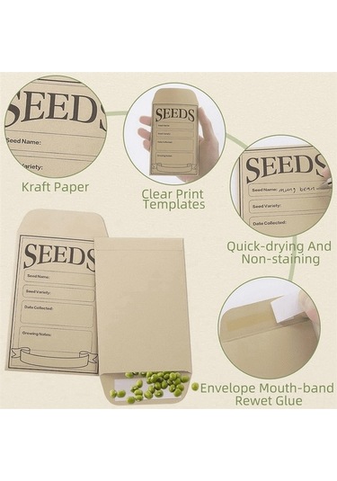 Pazly 100 Adet 8x12 Cm Kraft Kağıt Tohum Depolama Zarfı, Kendinden Kapatan, Dört Bölmeli Etiketli, Çok Amaçlı