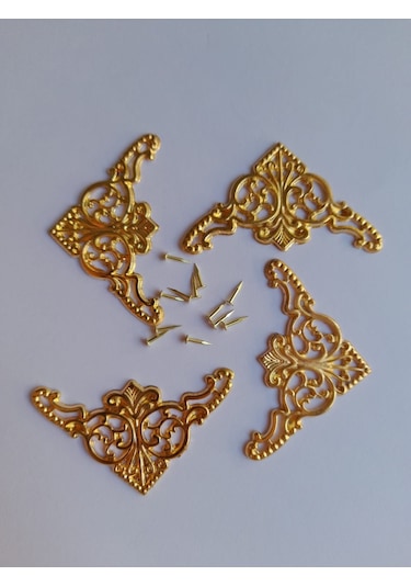 Büyük Boy Kutu Sandık Kapak Köşe Süsleme Takımı Çivili 4 Adet Sarı