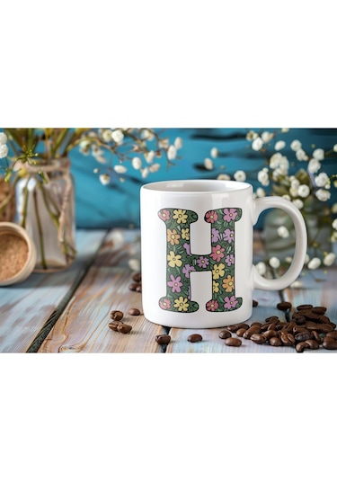 H Baş Harf Çiçek Desenleri İle Natural Tarz Kupa Bardak - Kişiye Özel Çiçekli Kahve Çay Bardak - Beyaz